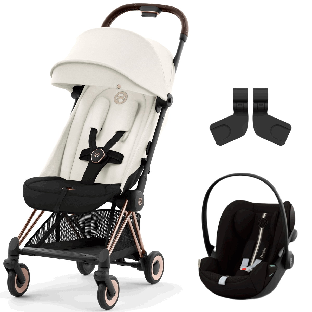 Коляска Cybex Coya Rosegold Frame Cloud G i-Size Moon Black Plus Off White с дождевиком и бампером