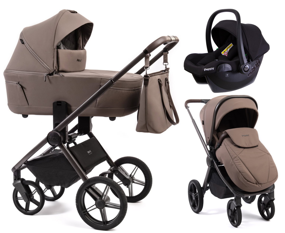 Детская коляска Peppy Monaco Thermo 3 в 1 с автокреслом Rise Black Mocca (кофе), рама серо-коричневая