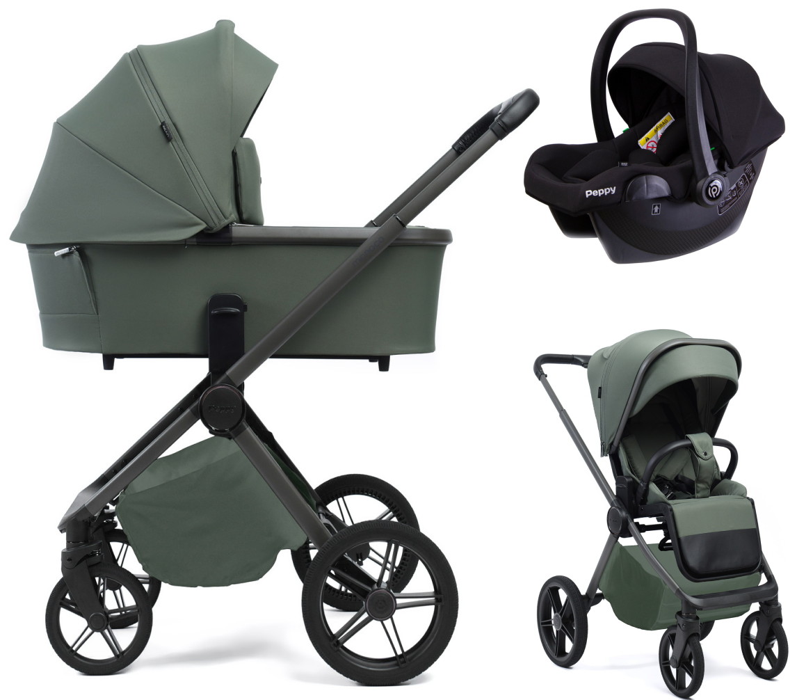 Детская коляска Peppy Monaco Plus 3 в 1 с автокреслом Rise Black Oliva Green (зеленый), рама серая