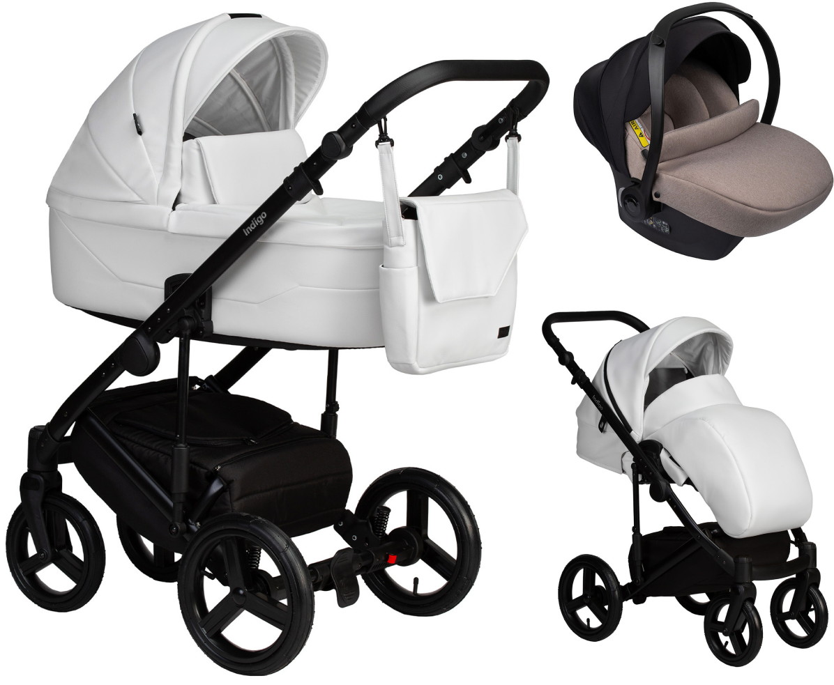 Детская коляска Indigo Lamar 3 в 1 с автокреслом Avionaut Cosmo Beige La01 белая кожа