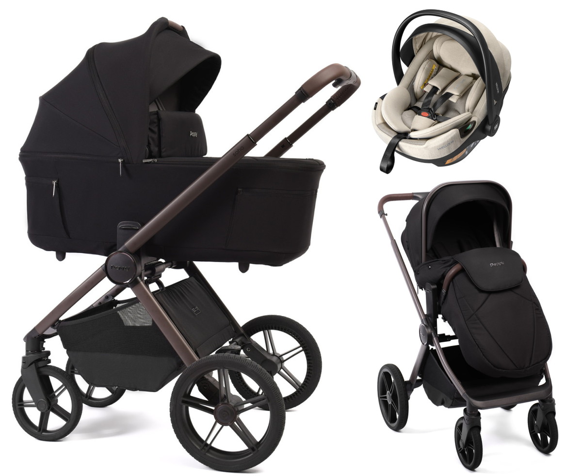 Детская коляска Peppy Soho 3 в 1 с автокреслом Welldon Crown 2 Beige Black (черный) рама шоколад