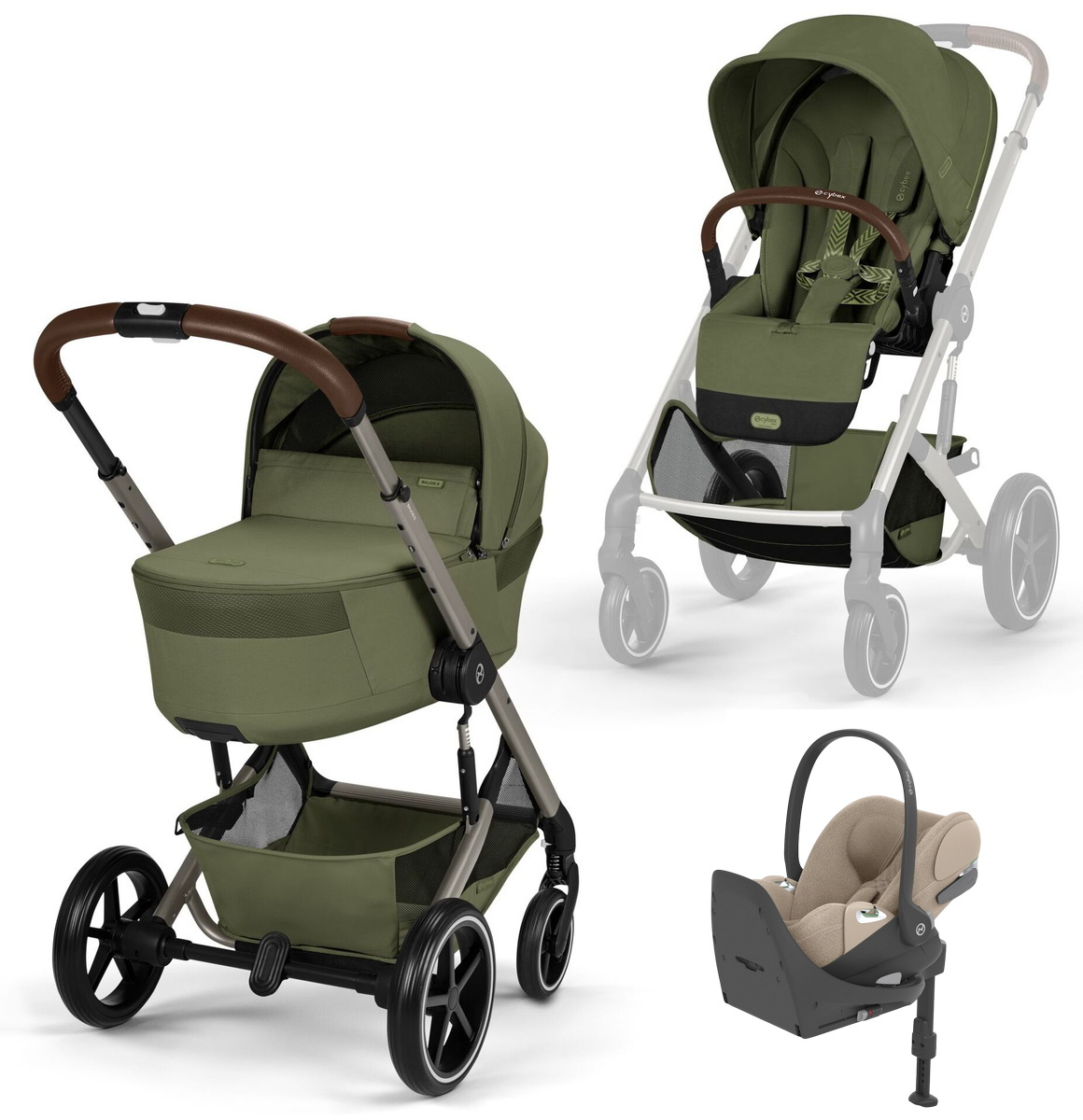 Коляска Cybex Balios S Lux Fold Cot TPE Cloud T Cozy Beige Plus Base T 4 в 1 Moss Green с дождевиками