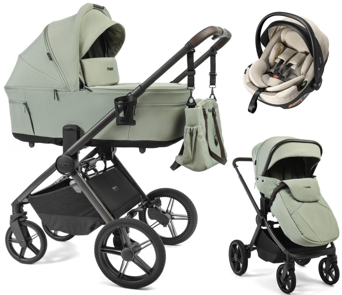 Детская коляска Peppy Soho 3 в 1 с автокреслом Welldon Crown 2 Beige Oregano (орегано), рама серо-бежевый