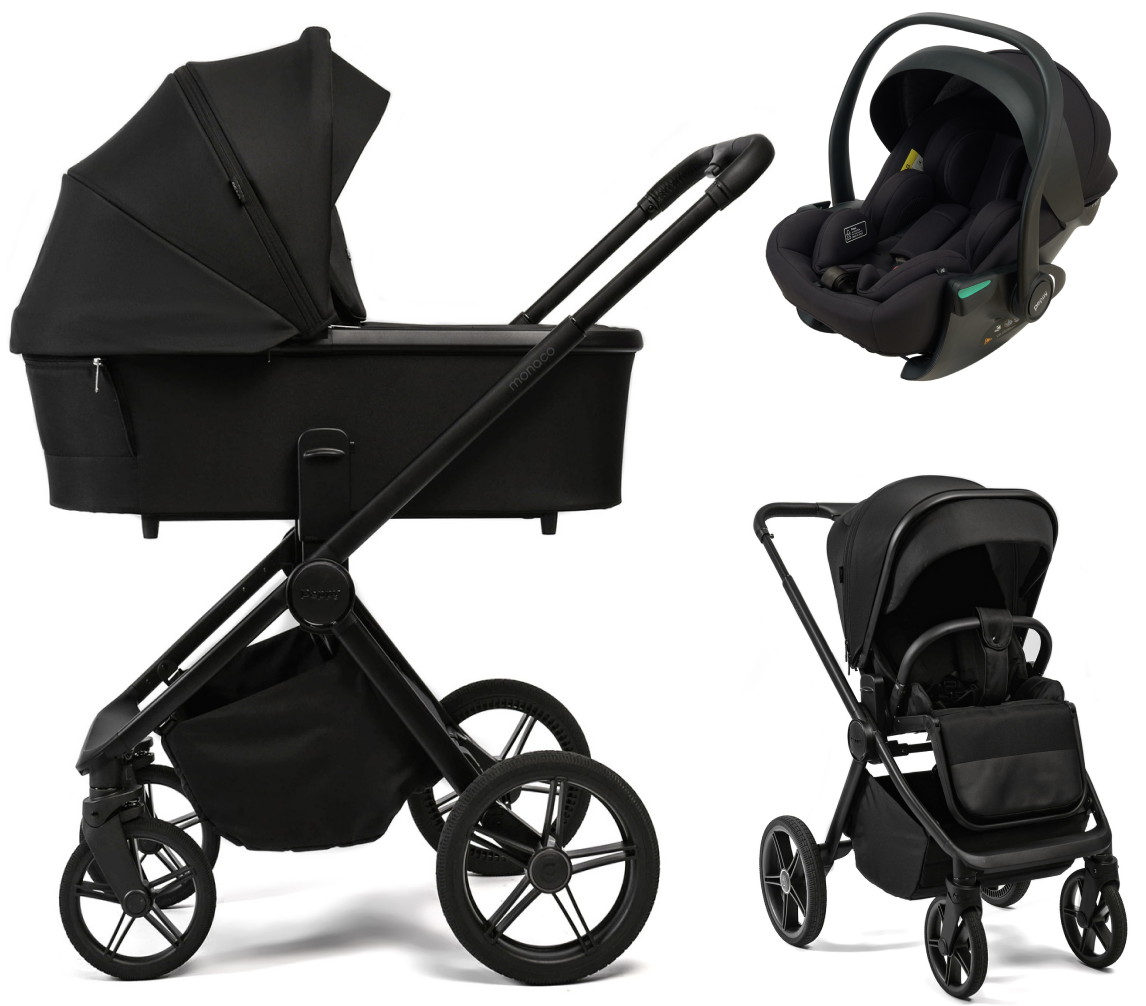 Детская коляска Peppy Monaco Plus 3 в 1 с автокреслом Jet Black Black (черный), рама черная