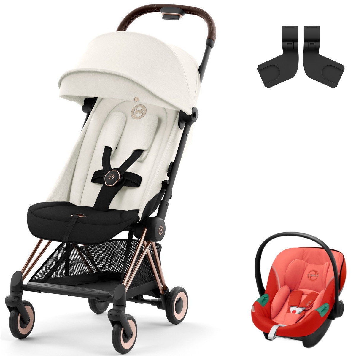 Коляска Cybex Coya Rosegold Frame Aton S2 i-Size Hibiscus Red Off White с дождевиком и бампером