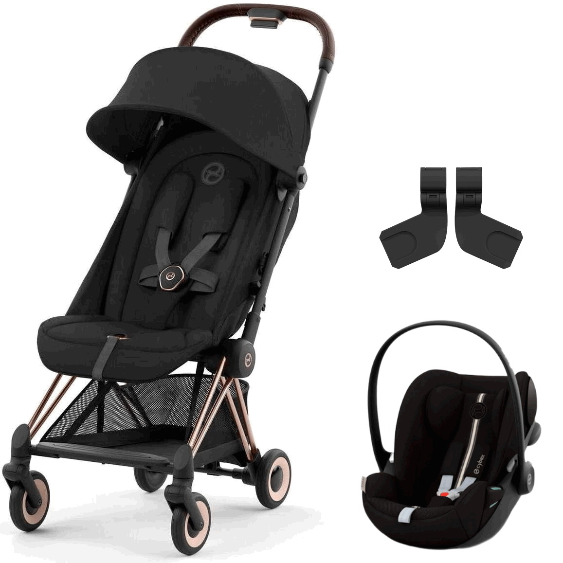 Коляска Cybex Coya Rosegold Frame Cloud G i-Size Moon Black Plus Sepia Black с дождевиком и бампером