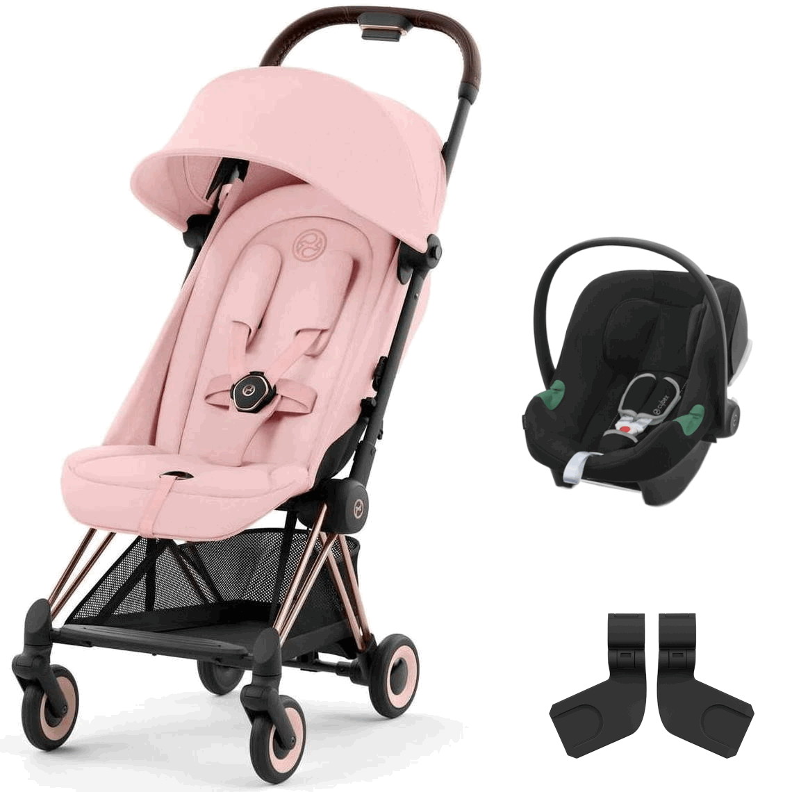 Коляска Cybex Coya Rosegold Frame Aton B2 i-Size Volcano Black Peach Pink с дождевиком и бампером