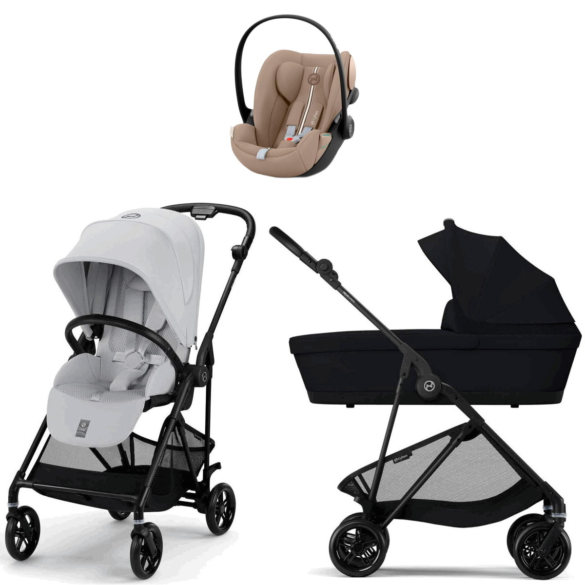 Коляска Cybex Melio Carbon Cloud G i-Size Almond Beige Plus 3 в 1 Fog Grey/Magic Black с дождевиками