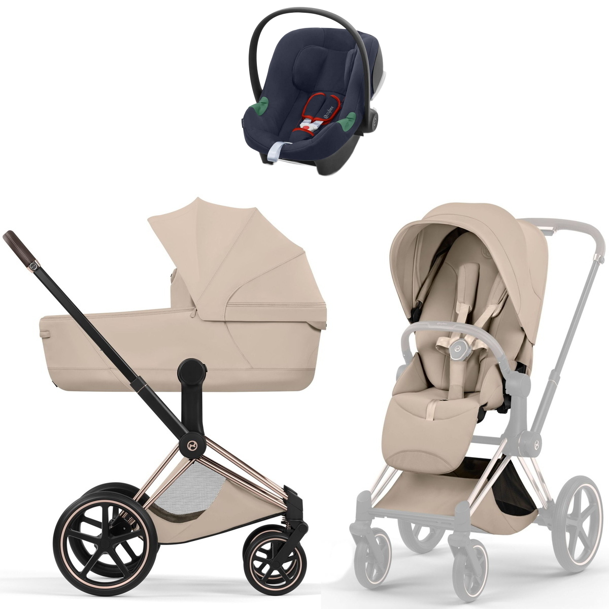 Коляска Cybex Priam V Rosegold Style Aton B2 Bay Blue 3 в 1 Cozy Beige