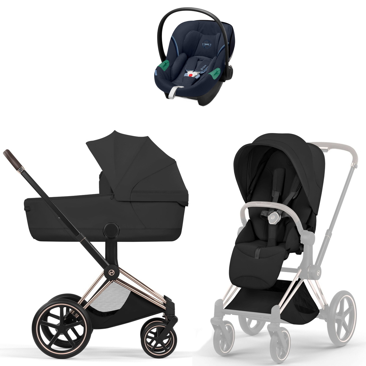 Коляска Cybex Priam V Rosegold Style Aton S2 Ocean Blue 3 в 1 Sepia Black