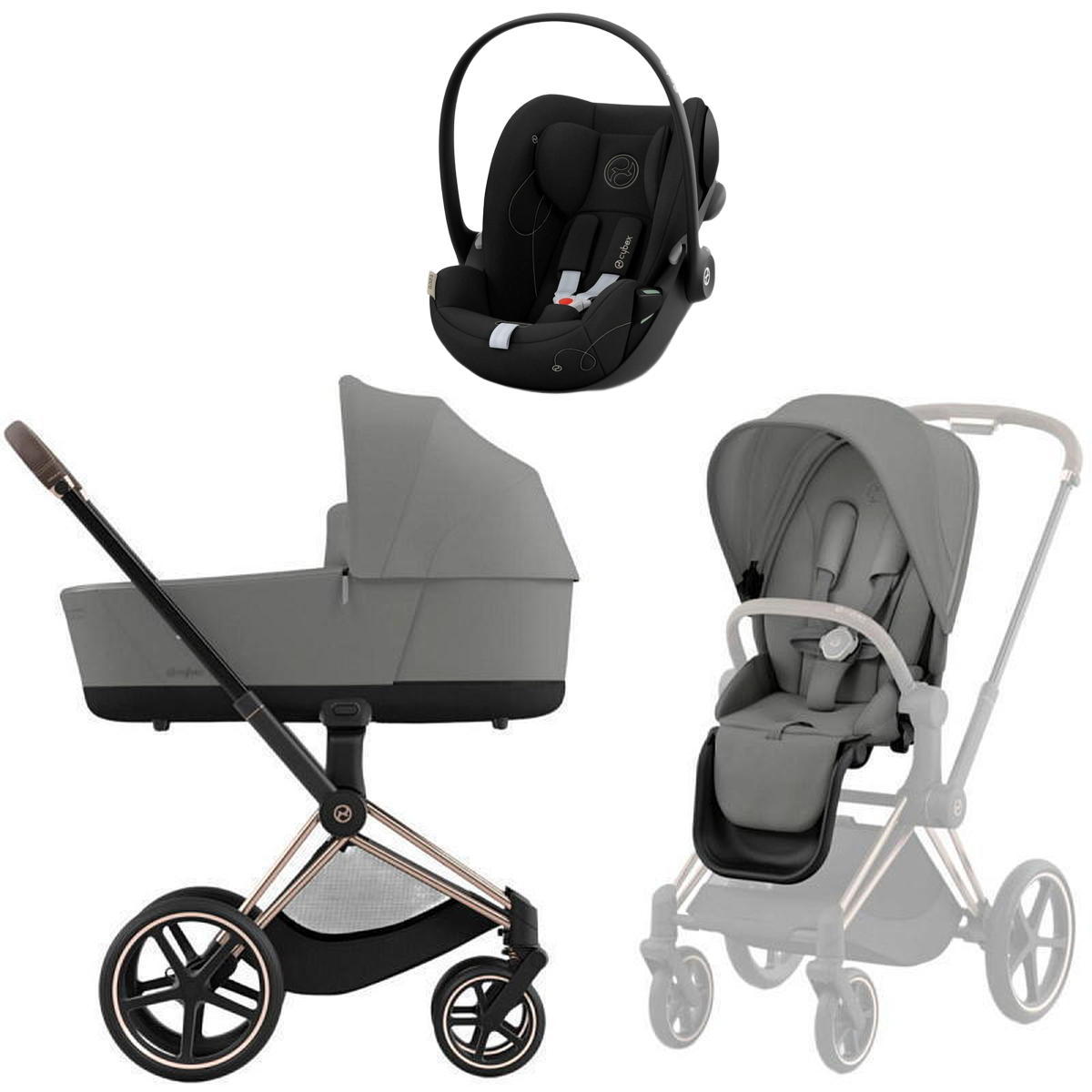 Коляска Cybex Priam IV Rosegold complete и автокресло Cloud G i-Size Moon Black 3 в 1 Mirage Grey