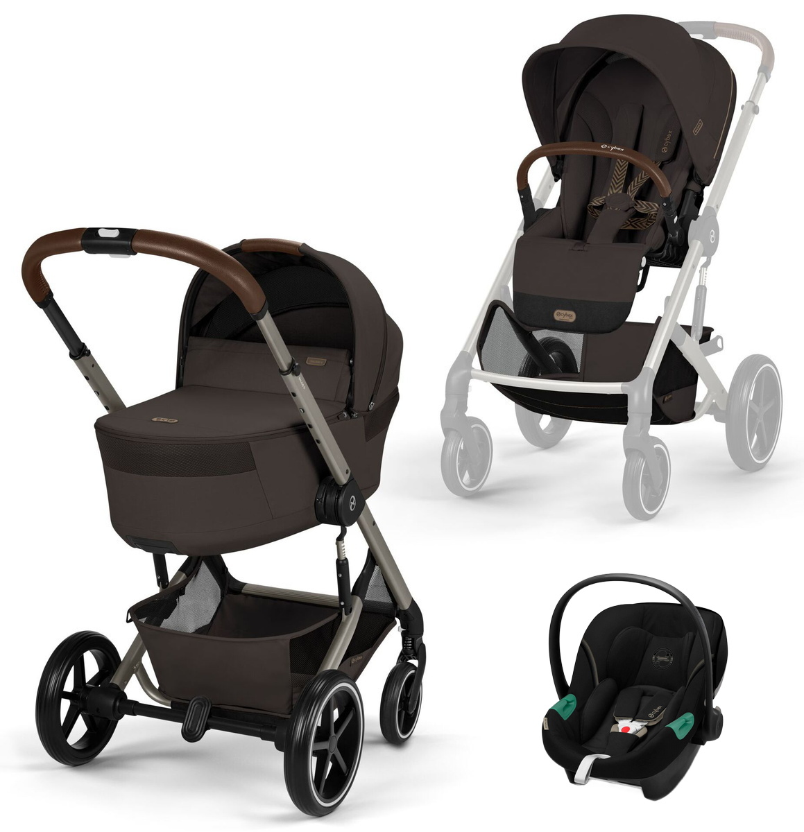 Коляска Cybex Balios S Lux Fold Cot TPE Aton S2 Moon Black 3 в 1 Chocolate Brown с дождевиками