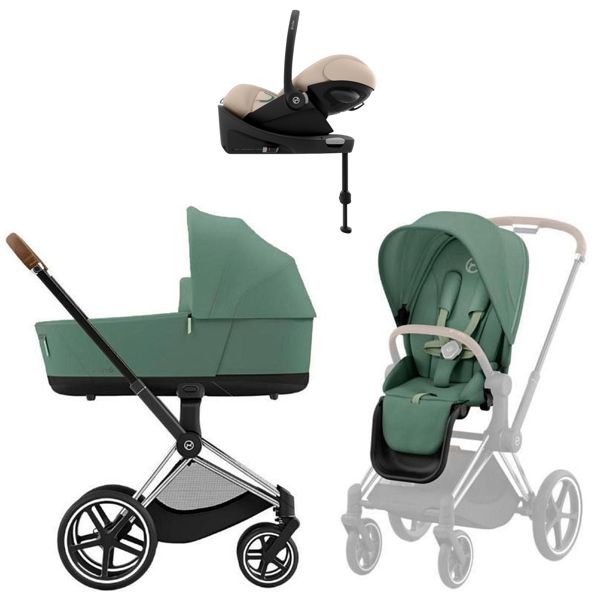 Коляска Cybex Priam IV Chrome Brown complete Cloud G3 Almond Beige Base G3 4 в 1 Leaf Green