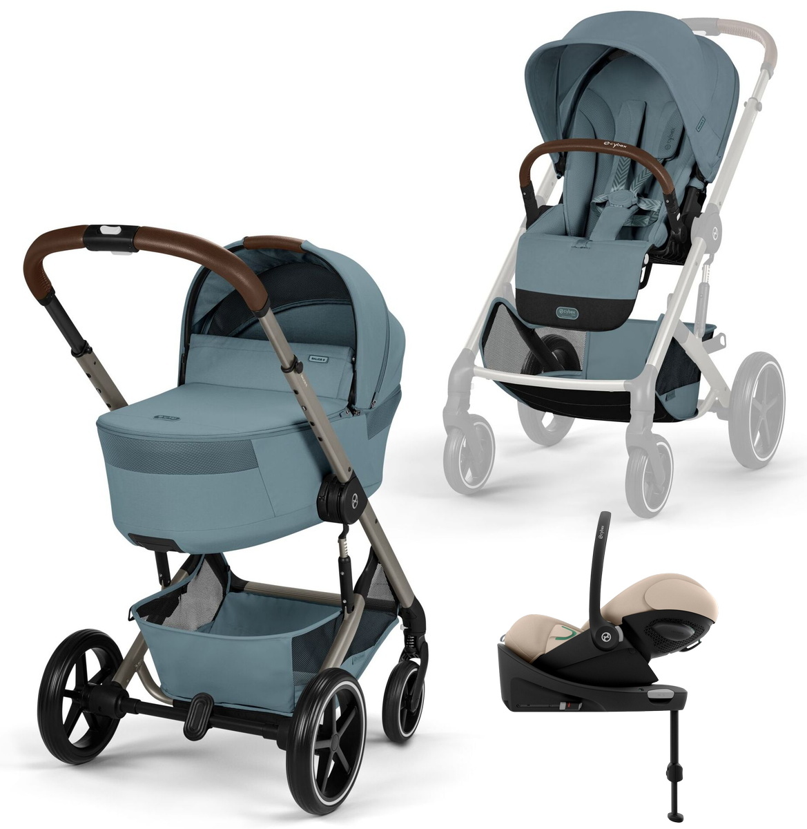 Коляска Cybex Balios S Lux Fold Cot TPE Cloud G3 Almond Beige Base G3 4 в 1 Stormy Blue с дождевиками