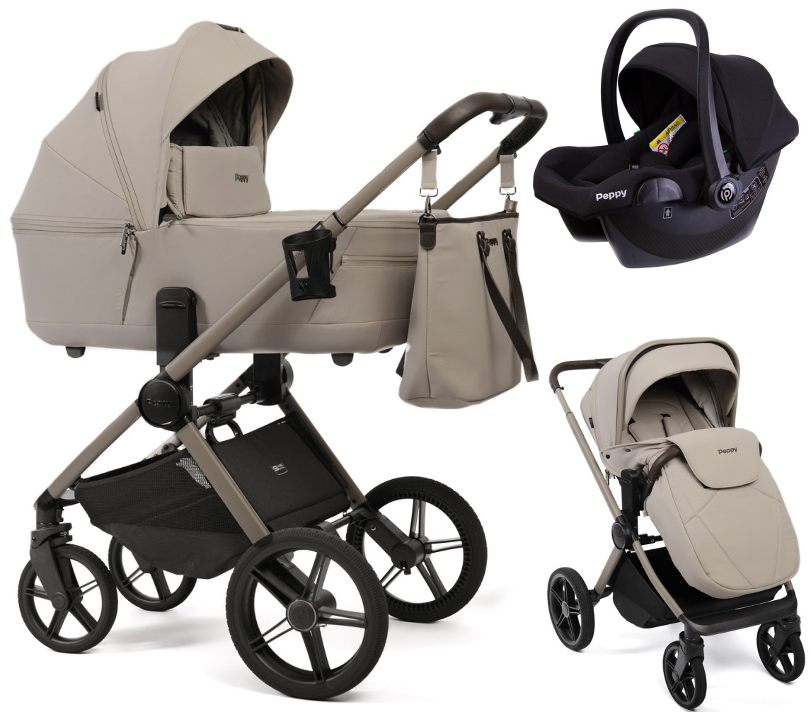 Детская коляска Peppy Monaco Thermo 3 в 1 с автокреслом Rise Black Latte (бежевый), рама бежевая