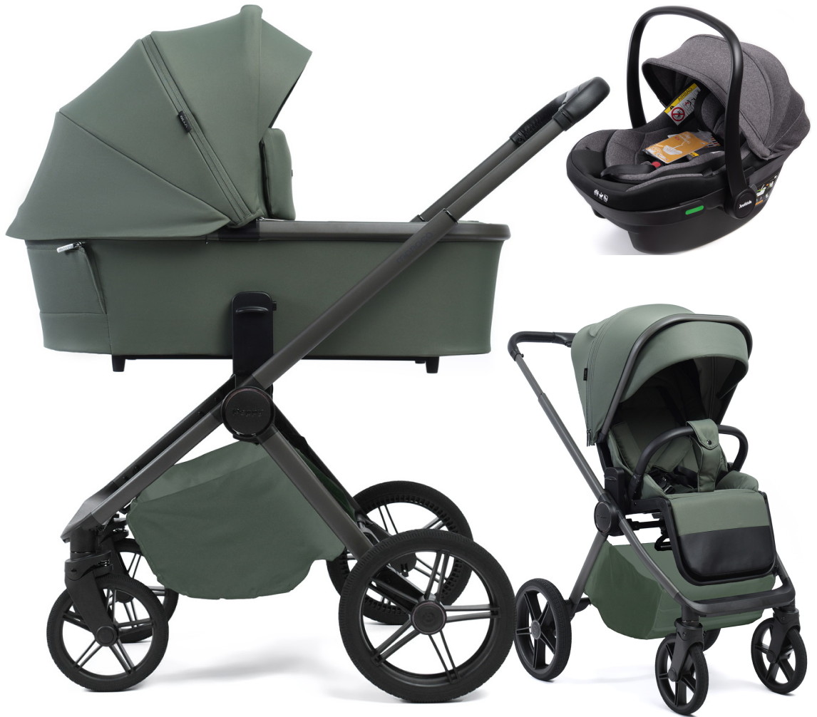 Детская коляска Peppy Monaco Plus 3 в 1 с автокреслом Jovikids Aria Black Oliva Green (зеленый), рама серая