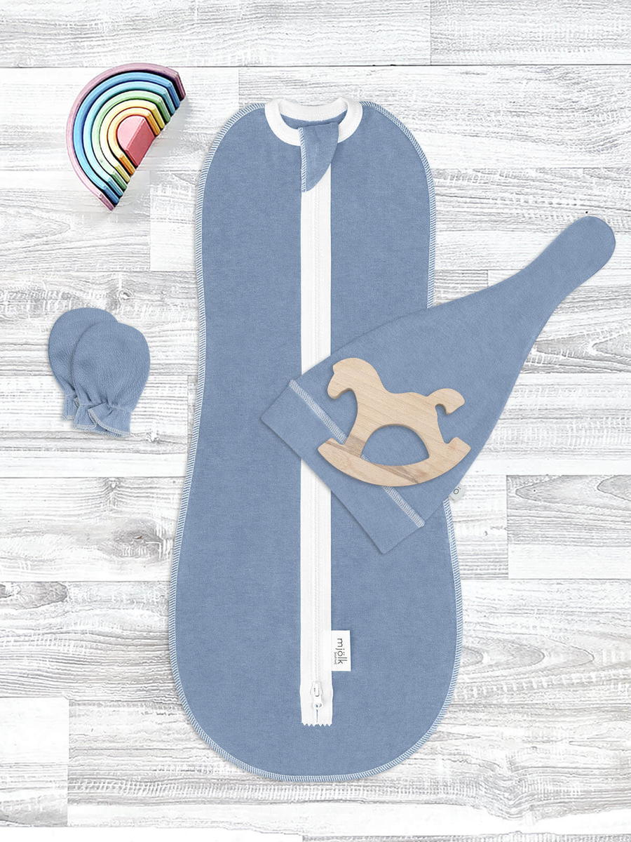Комплект для новорождённого Mjolk Blue Shadow пеленальный кокон, шапочка, антицарапки 56