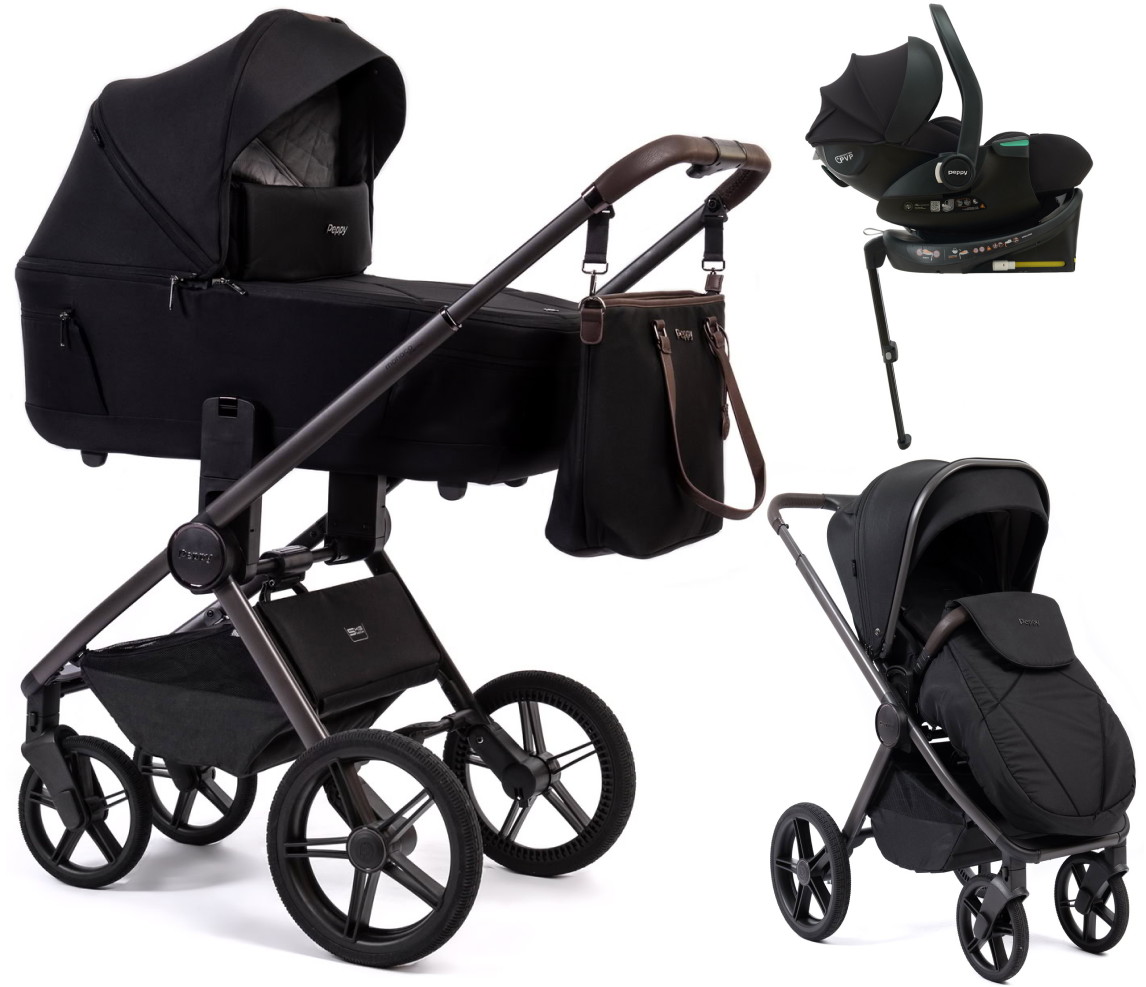 Детская коляска Peppy Monaco Thermo 4 в 1 с автокреслом Jet Black и базой Black (черный), рама серо-коричневая