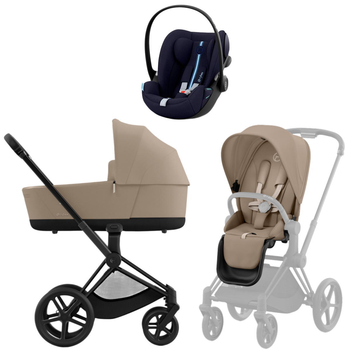Коляска Cybex Priam IV Matt Black complete и автокресло Cloud G i-Size Ocean Blue Plus 3 в 1 Cozy Beige