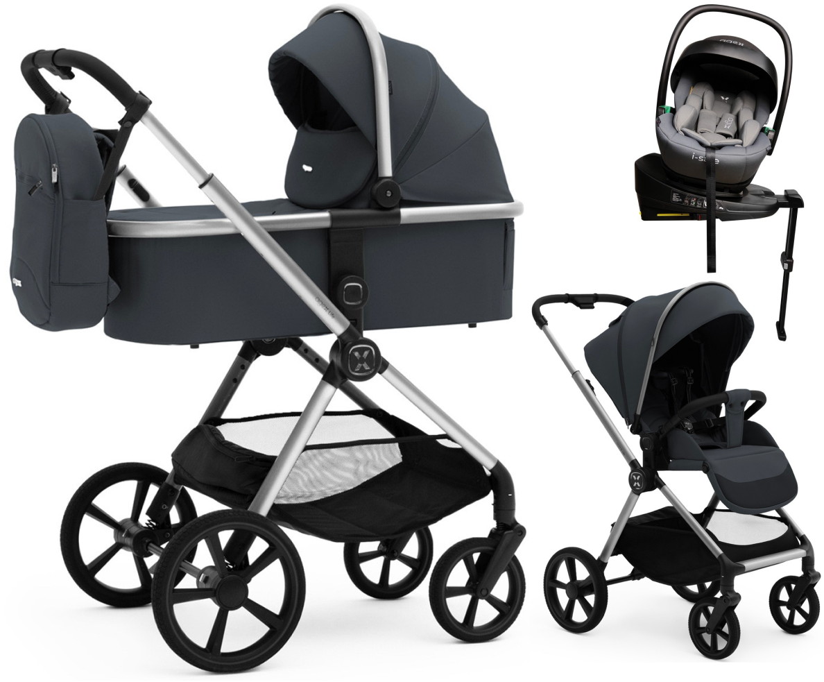 Коляска Agex Life 4 в 1 хромированная рама с автокреслом i-Safe Grey и базой ALM606 Midnight Grey (Темно-серый)