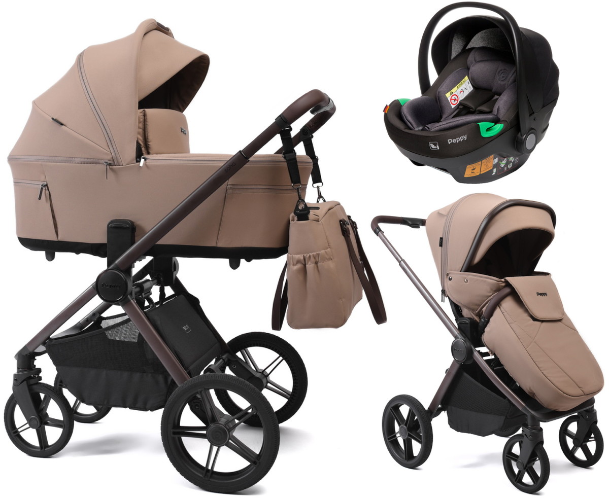 Детская коляска Peppy Soho 3 в 1 с автокреслом First Sand (песочный) рама шоколад