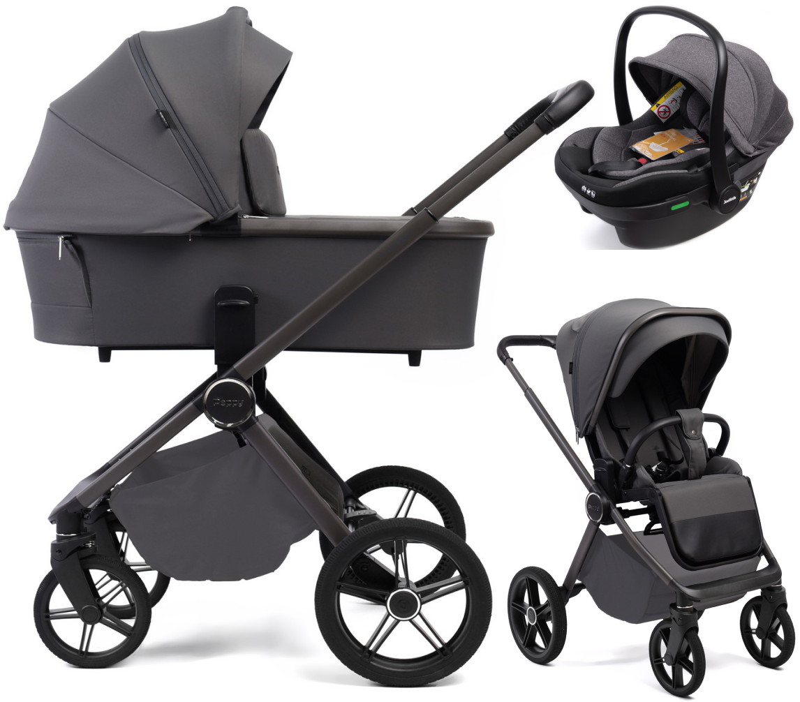 Детская коляска Peppy Monaco Plus 3 в 1 с автокреслом Jovikids Aria Black Antrazit (графитовый), рама серая