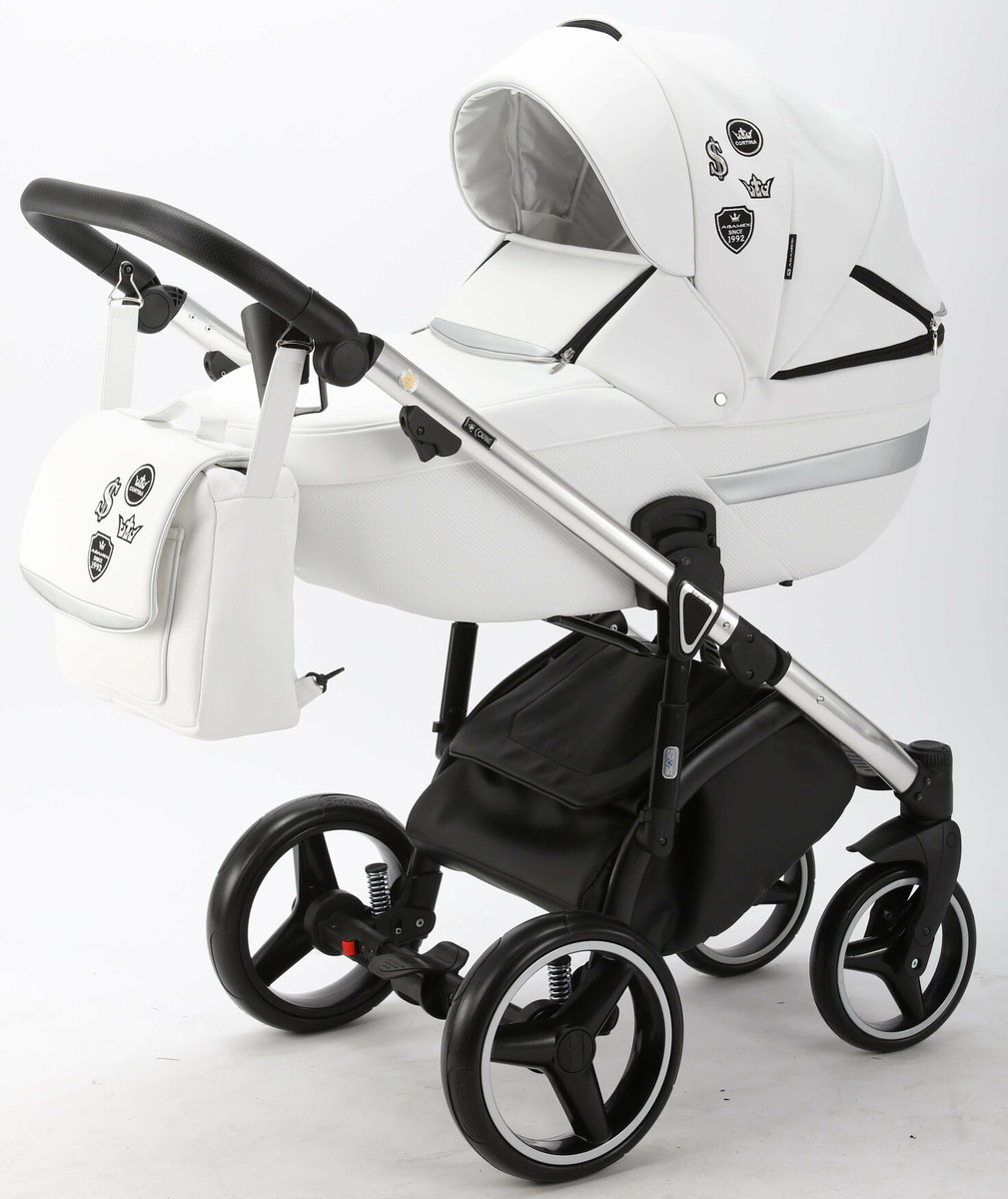 Детская коляска Adamex Cortina Deluxe 2 в 1 CT301 (БЕЛ.КОЖА+СЕРЕБ.ОТДЕЛКА+ ХРОМ РАМА)