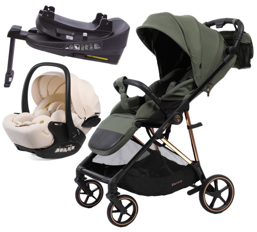 Прогулочная коляска Peppy Amici с автокреслом Verona Beige и базой Green рама Gold