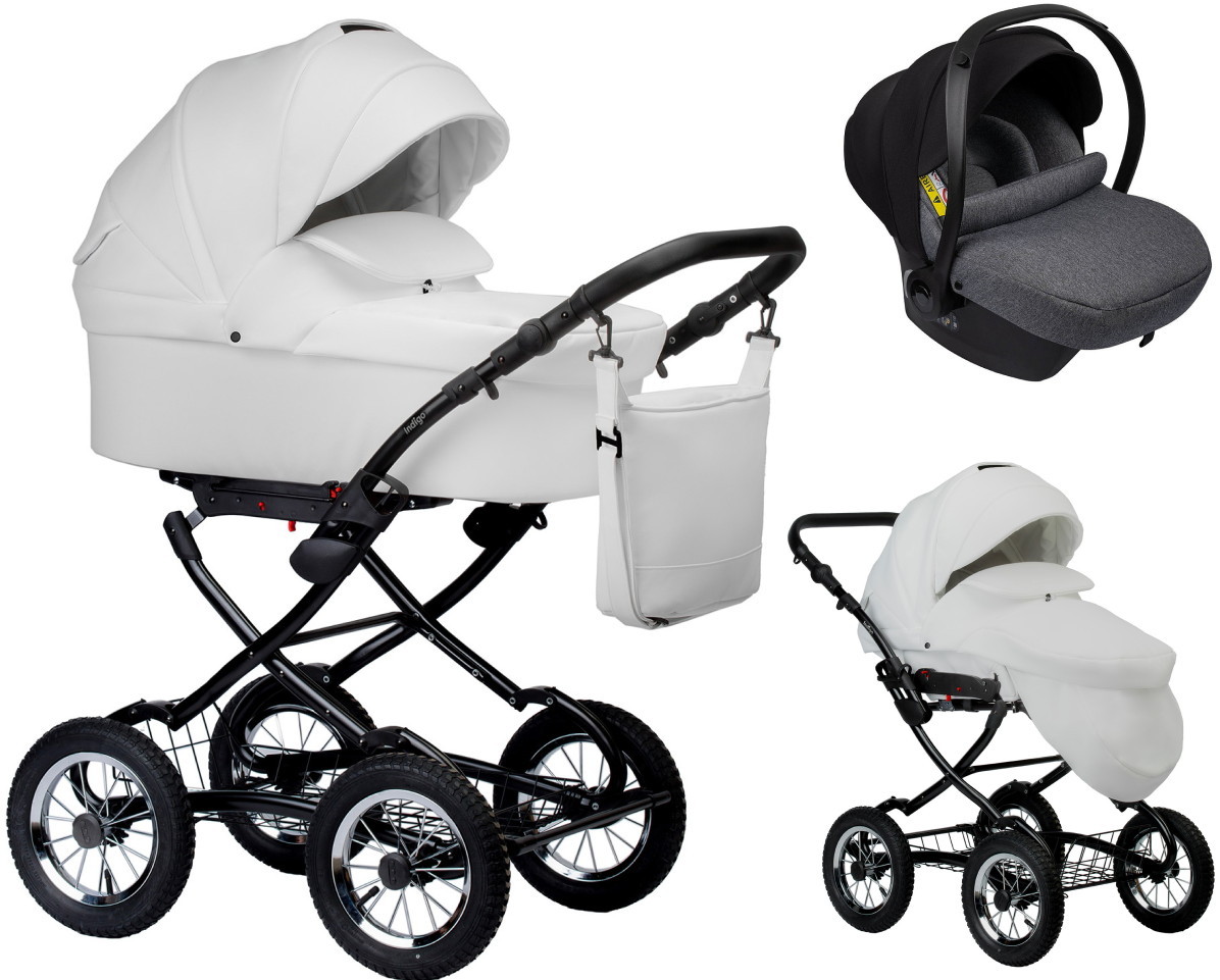 Детская коляска Indigo Barbara Eco Classic 3 в 1 с автокреслом Avionaut Cosmo Grey Be05 белая кожа