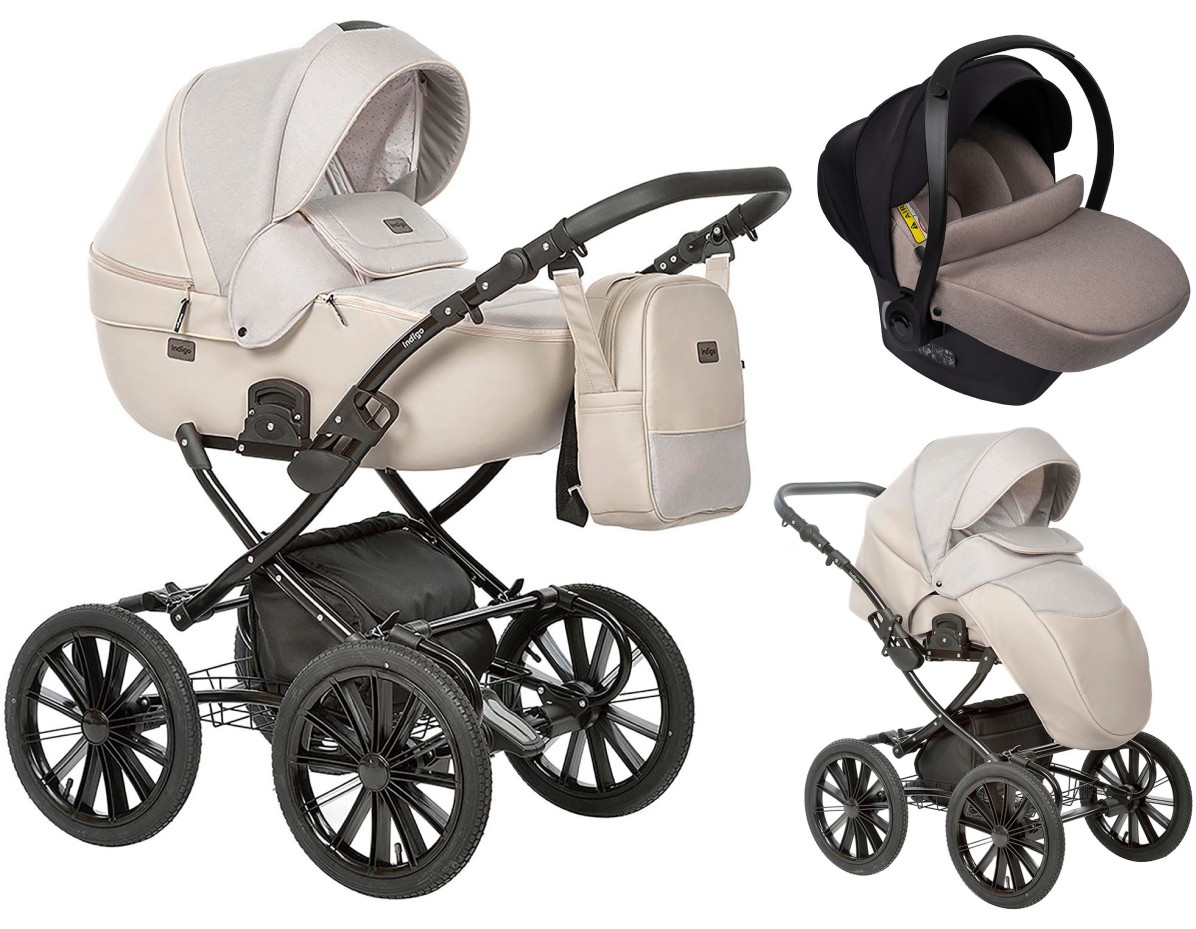 Детская коляска Indigo Porto Classic 14 3 в 1 с автокреслом Avionaut Cosmo Beige Po 03 бежевая кожа+бежевый лен