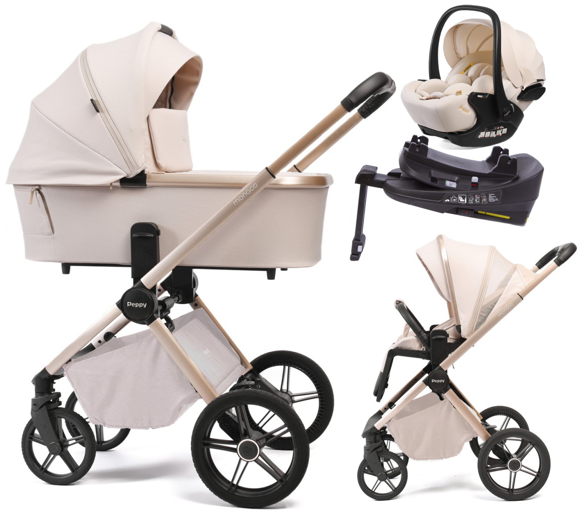 Детская коляска Peppy Monaco Plus 4 в 1 с автокреслом Verona Beige и базой Beige (бежевый), рама беж, шлифованный алюминий