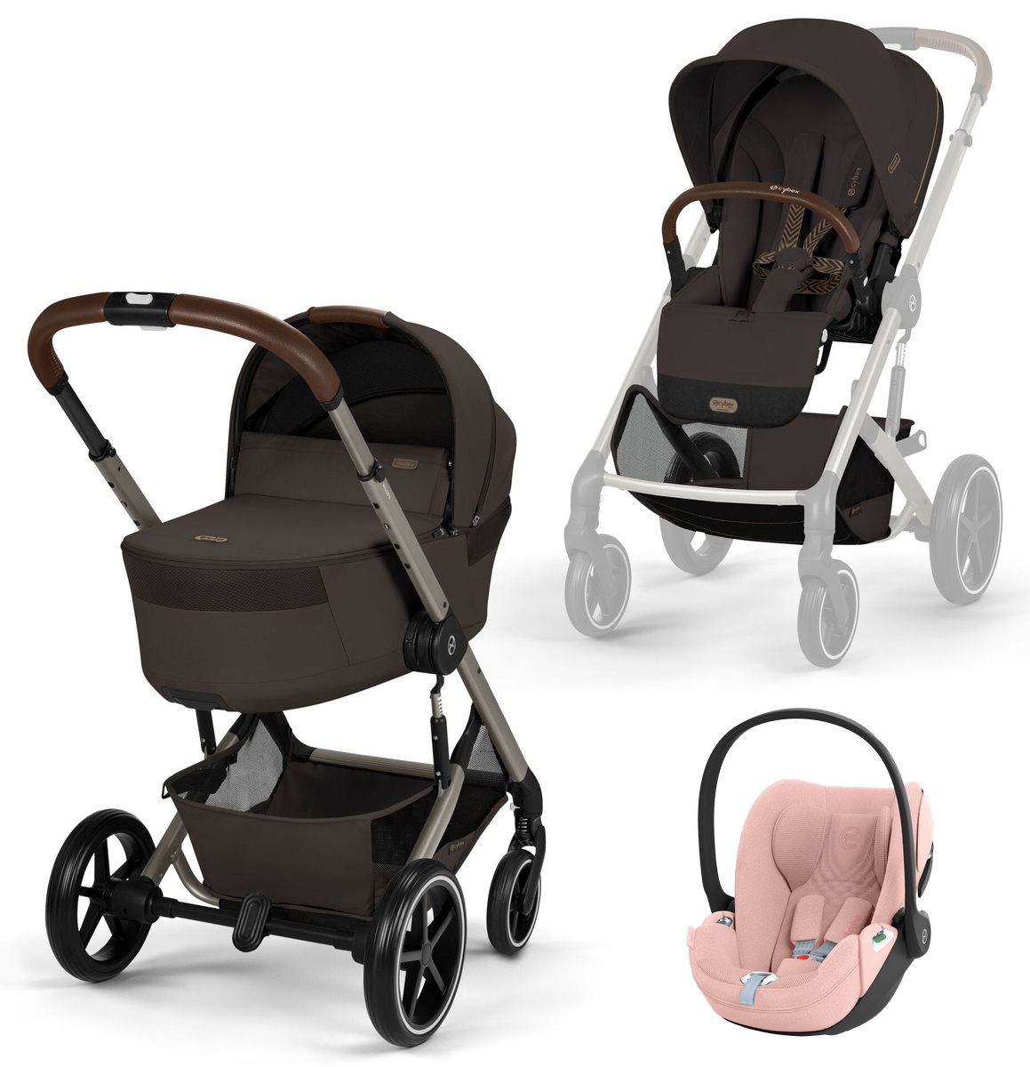 Коляска Cybex Balios S Lux Fold Cot TPE Cloud T Peach Pink Plus 3 в 1 Chocolate Brown с дождевиками