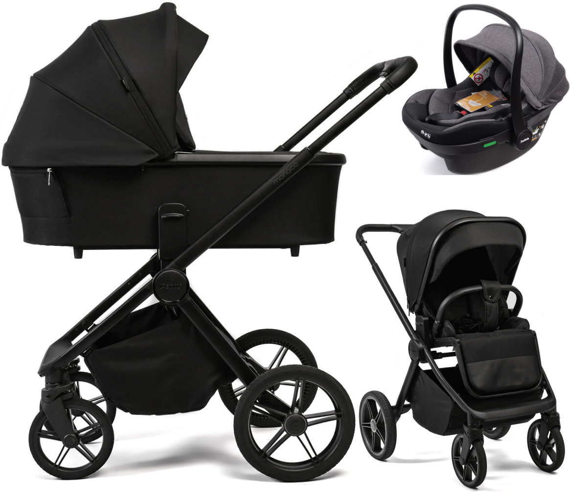 Детская коляска Peppy Monaco Plus 3 в 1 с автокреслом Jovikids Aria Black Black (черный), рама черная