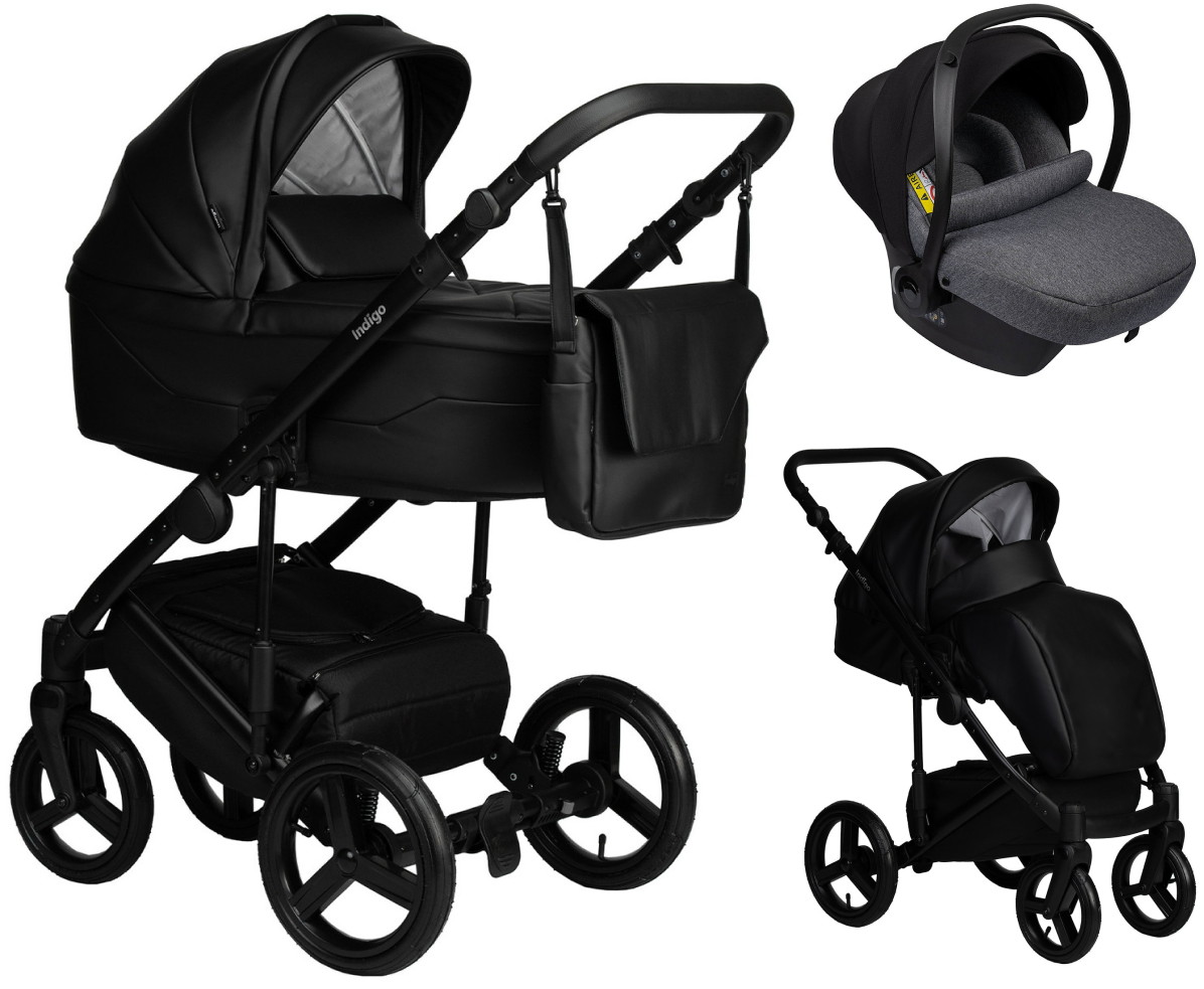Детская коляска Indigo Lamar 3 в 1 с автокреслом Avionaut Cosmo Grey La08 черная кожа
