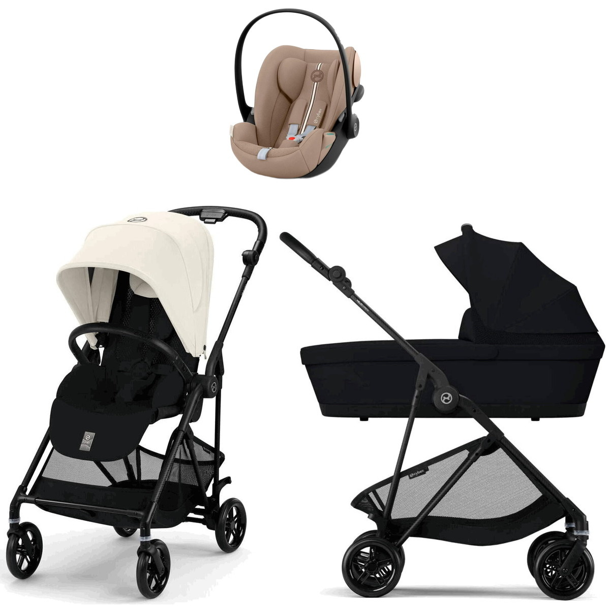 Коляска Cybex Melio Carbon Cloud G i-Size Almond Beige Plus 3 в 1 Canvas White/Magic Black с дождевиками