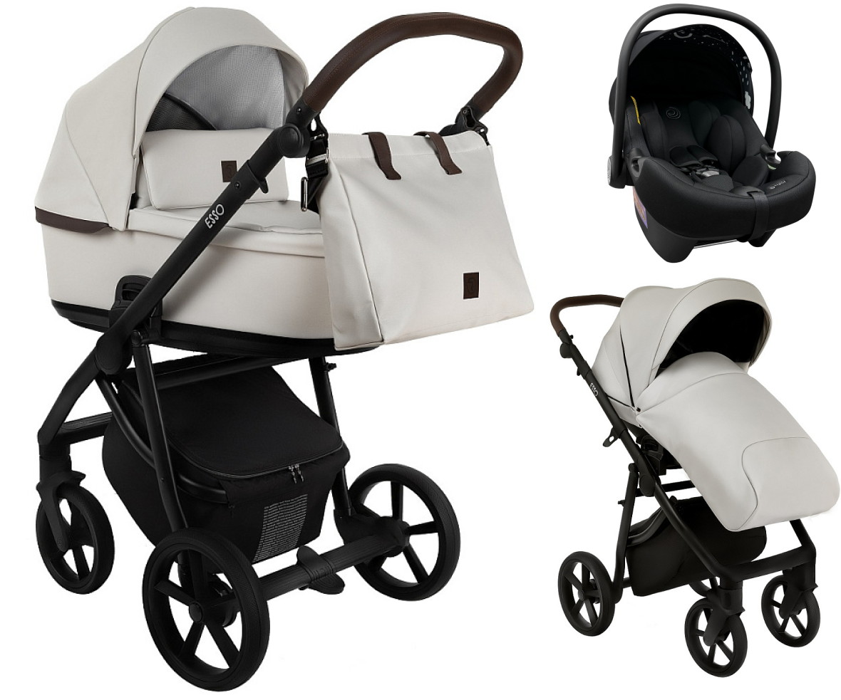 Детская коляска Roan Esso 2025 Кожа 3 в 1 с автокреслом Tutis Elo Lux EduSky Black ESSK/213/1 Island Stone /Black/руч.Тем.коричневый