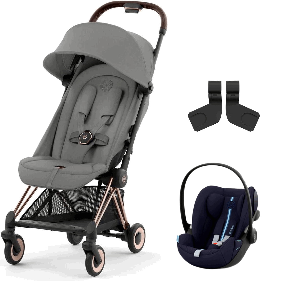 Коляска Cybex Coya Rosegold Frame Cloud G i-Size Ocean Blue Plus Mirage Grey с дождевиком и бампером