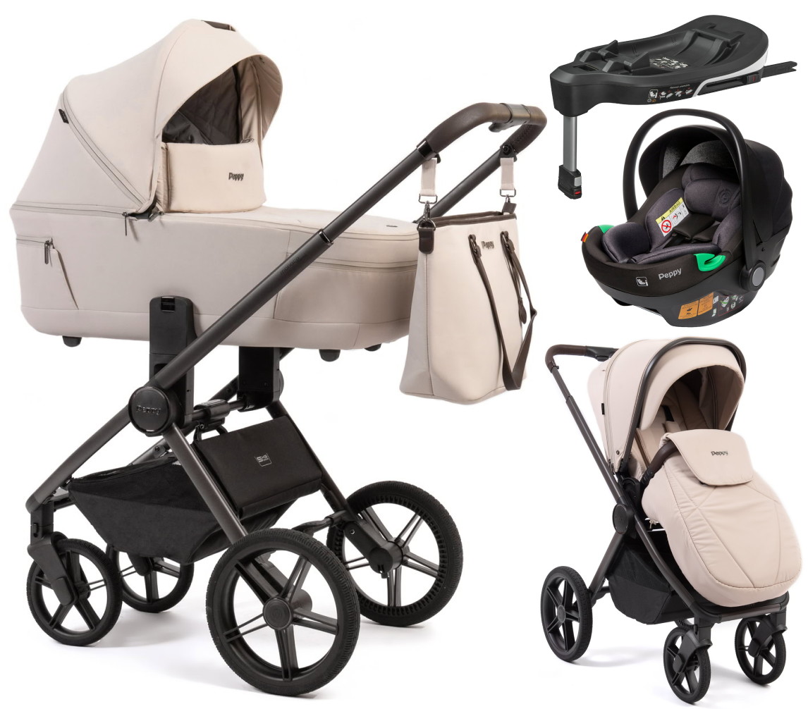 Детская коляска Peppy Monaco Thermo 4 в 1 с автокреслом First и базой Beige (молочный), рама серо-коричневая
