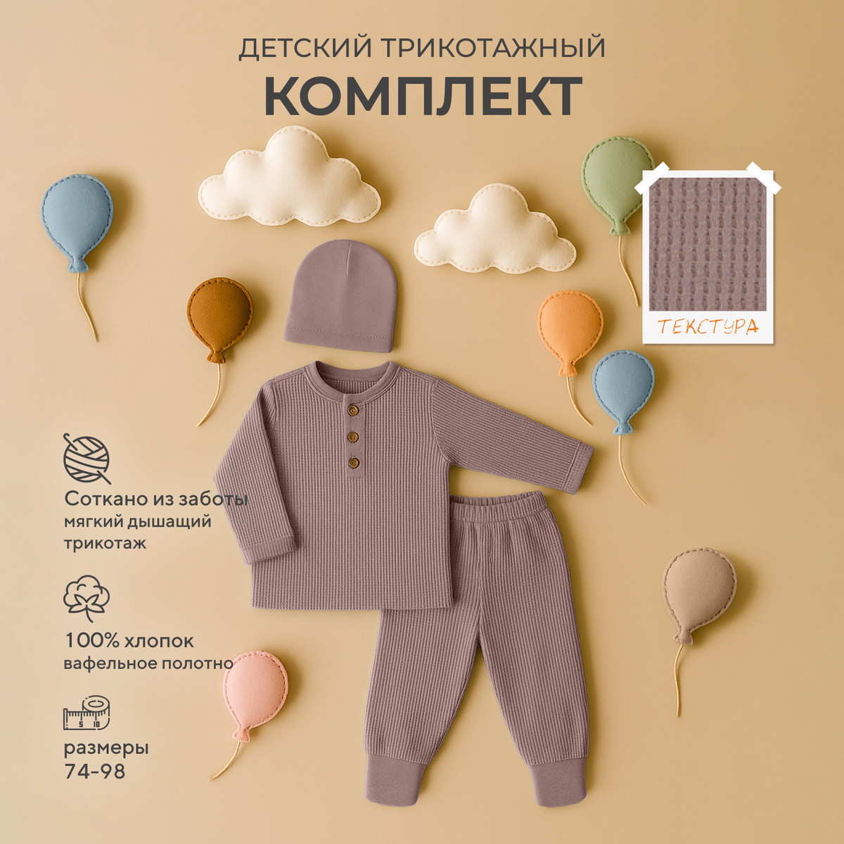 Комплект Rant Waffy лонгслив,штанишки,шапочка 1-92 Brown 74