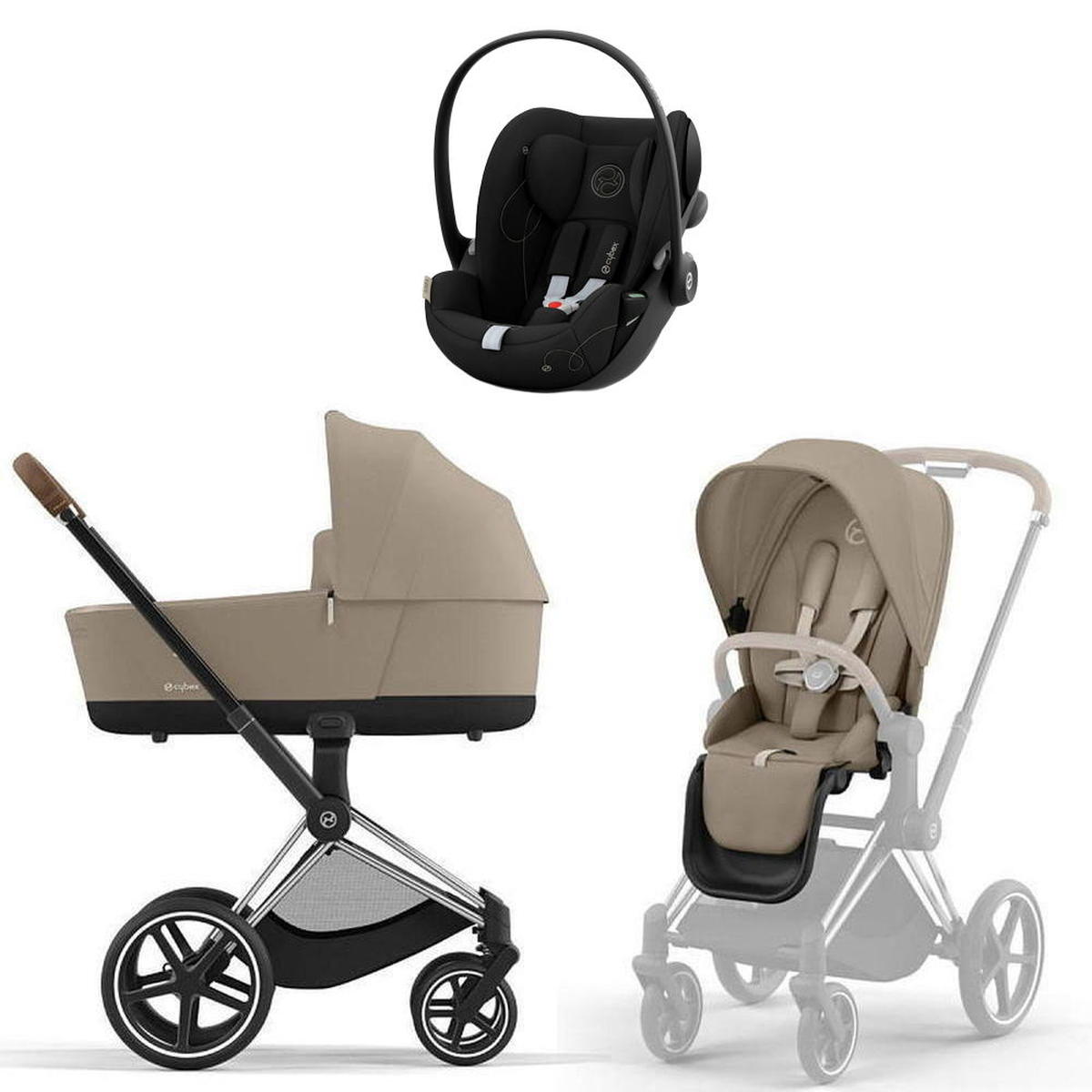 Коляска Cybex Priam IV Chrome Brown complete и автокресло Cloud G i-Size Moon Black 3 в 1 Cozy Beige