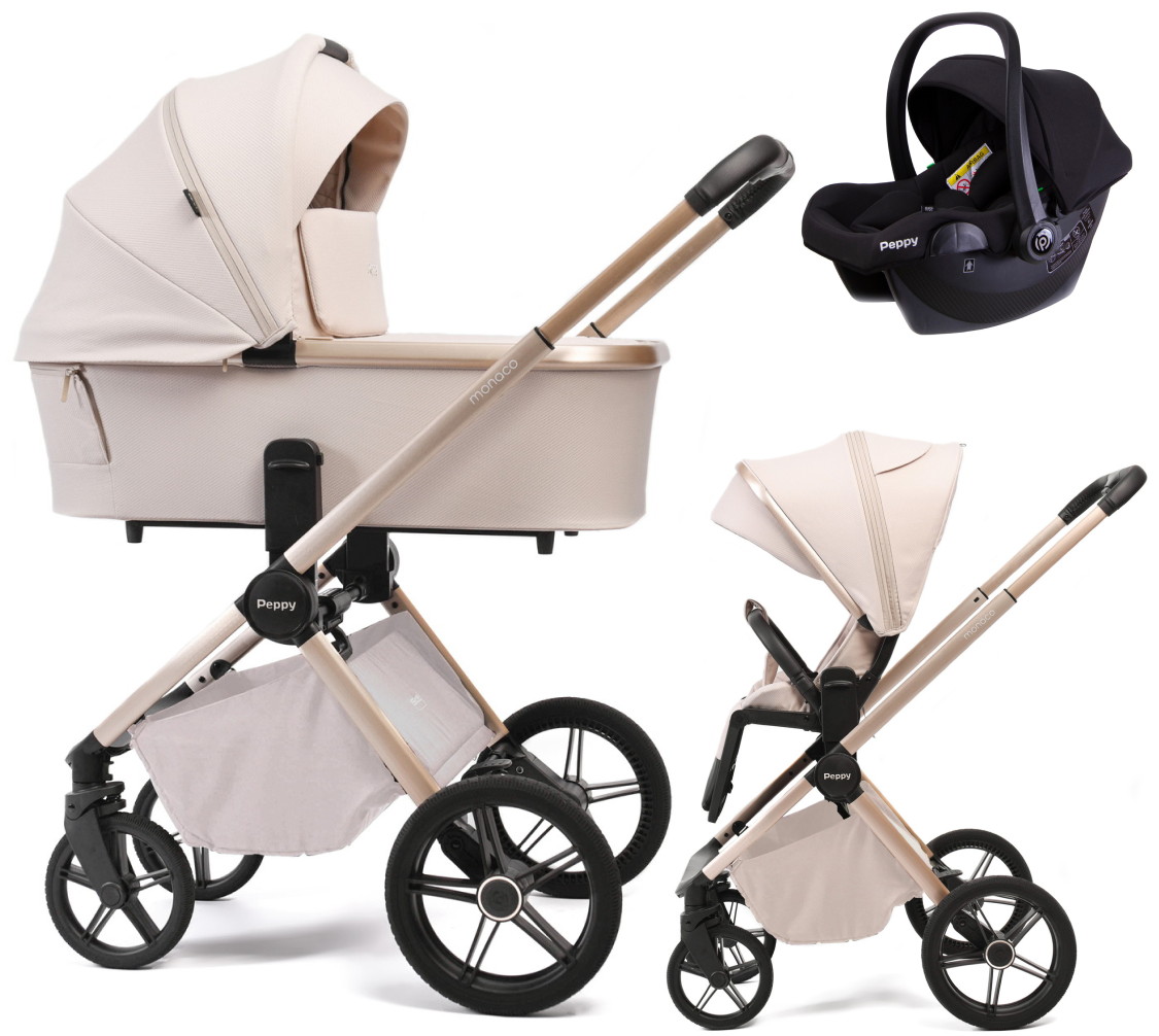 Детская коляска Peppy Monaco Plus 3 в 1 с автокреслом Rise Black Beige (бежевый), рама беж, шлифованный алюминий