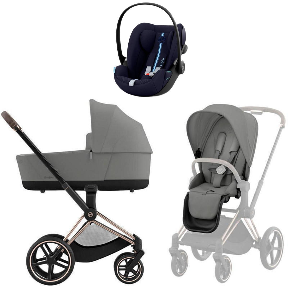 Коляска Cybex Priam IV Rosegold complete и автокресло Cloud G i-Size Ocean Blue Plus 3 в 1 Mirage Grey
