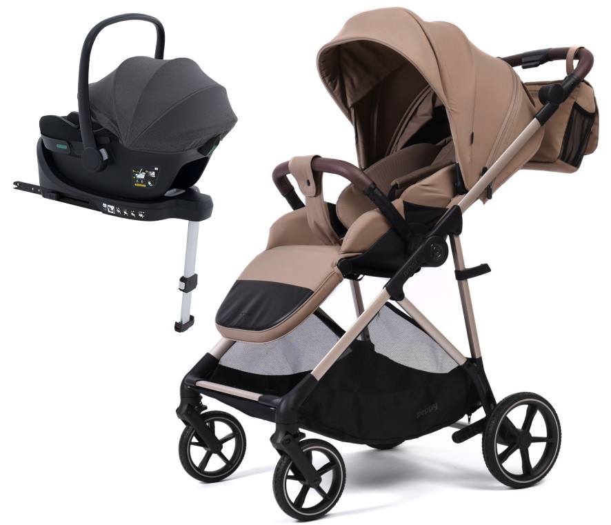 Прогулочная коляска Peppy Amici с автокреслом Jovikids Aria и базой Latte рама Beige