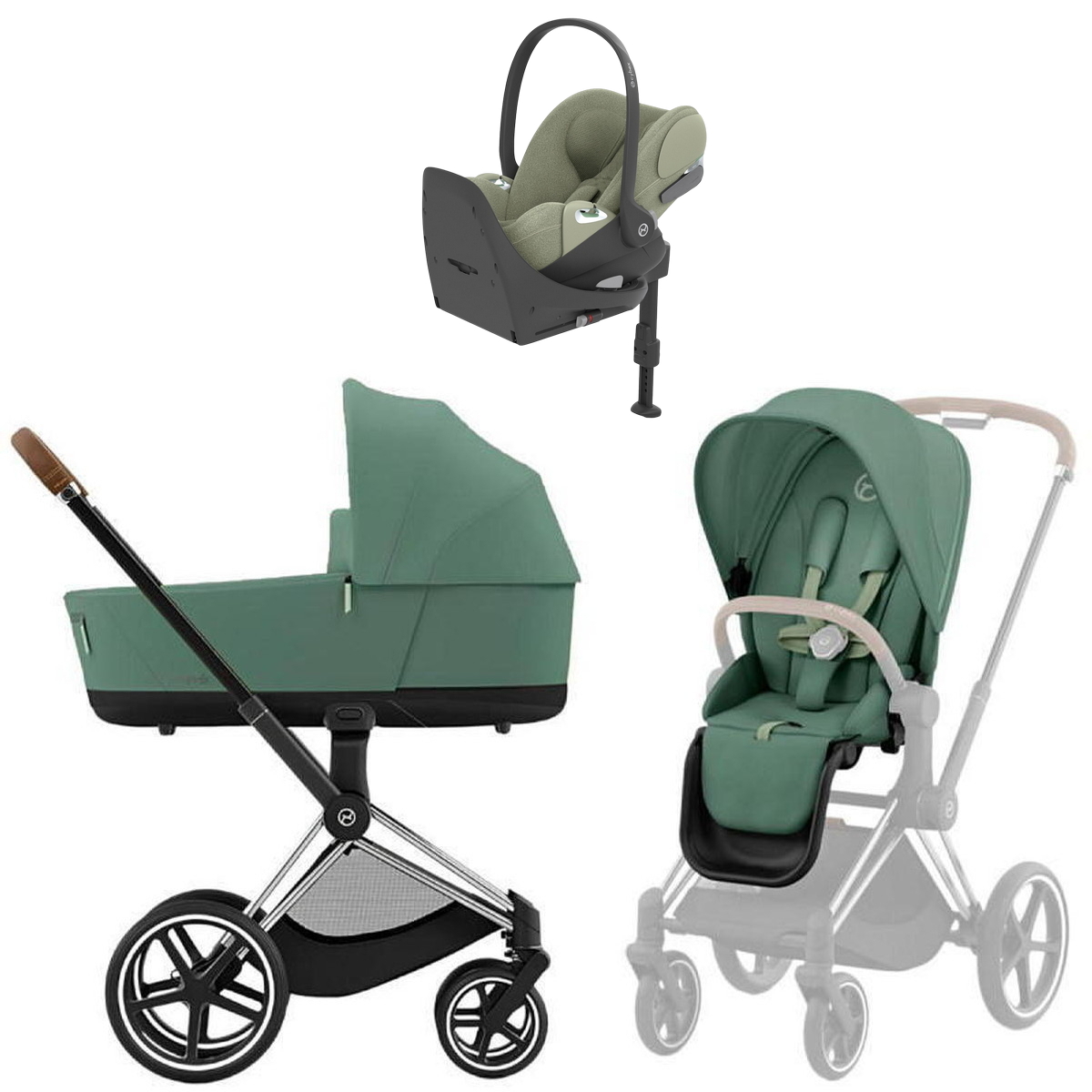 Коляска Cybex Priam IV Chrome Brown complete Cloud T Sage Green Plus Base T 4 в 1 Leaf Green