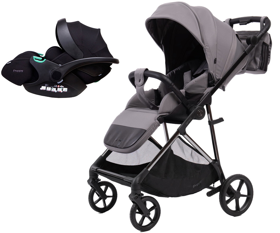 Прогулочная коляска Peppy Amici с автокреслом Verona Black Grey рама Black Chrome