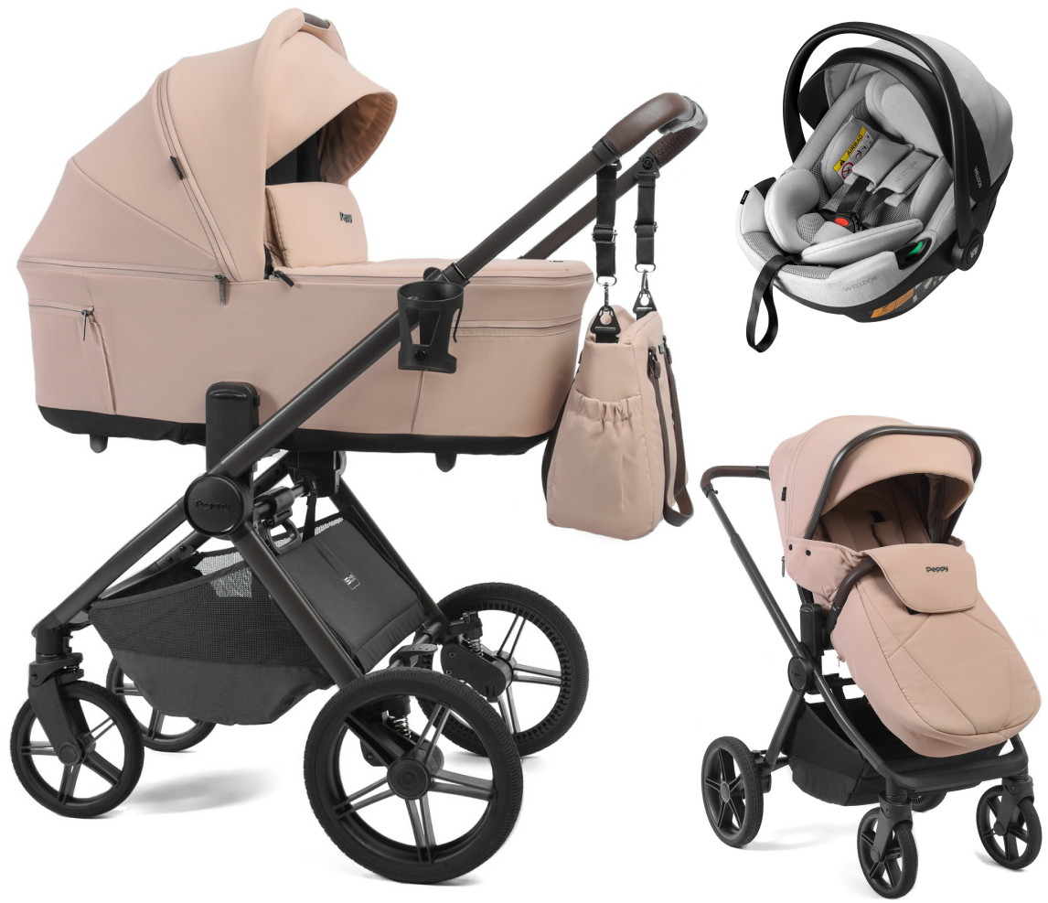 Детская коляска Peppy Soho 3 в 1 с автокреслом Welldon Crown 2 Grey Rose (пыльная роза), рама серо-бежевый