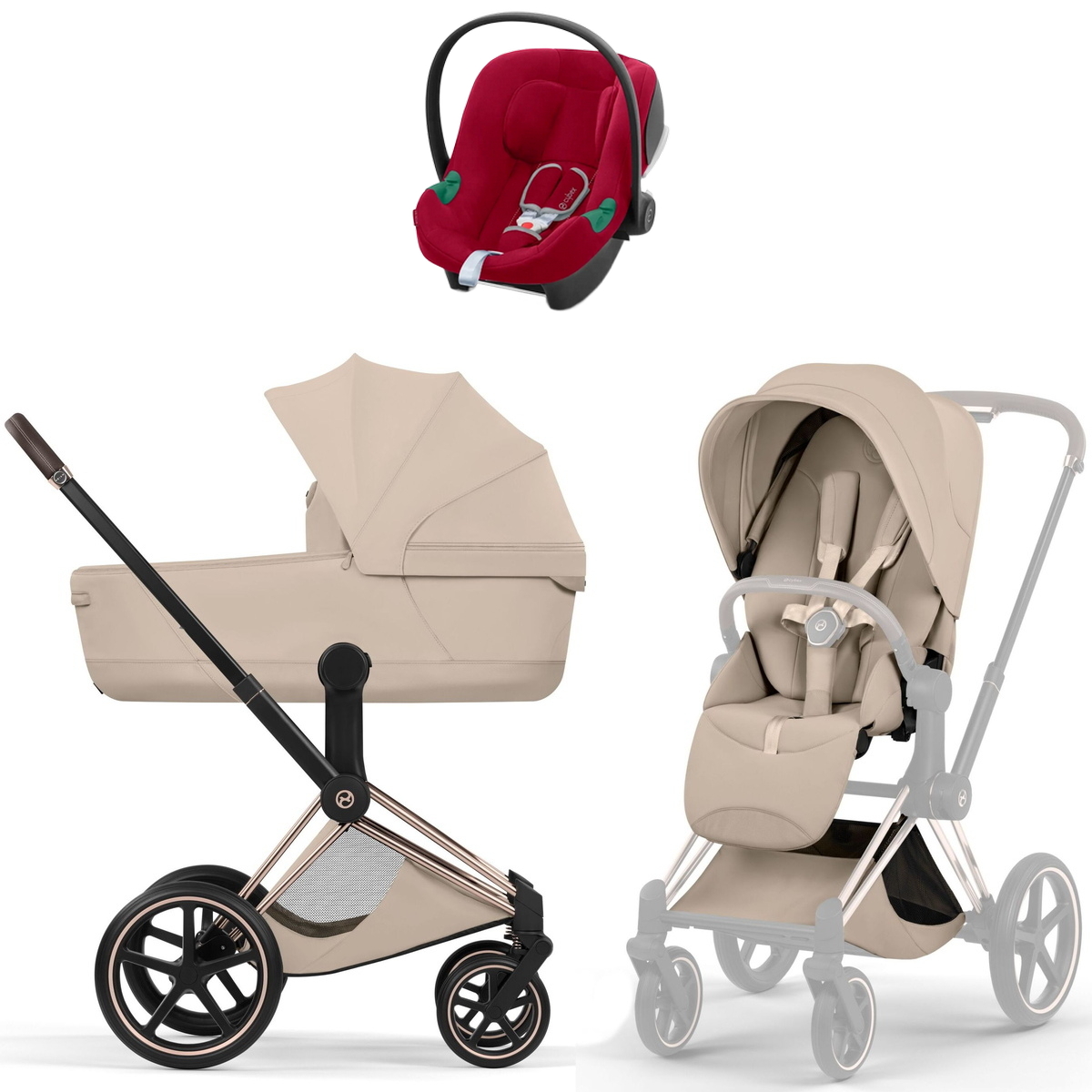 Коляска Cybex Priam V Rosegold Style Aton B2 Dynamic Red 3 в 1 Cozy Beige