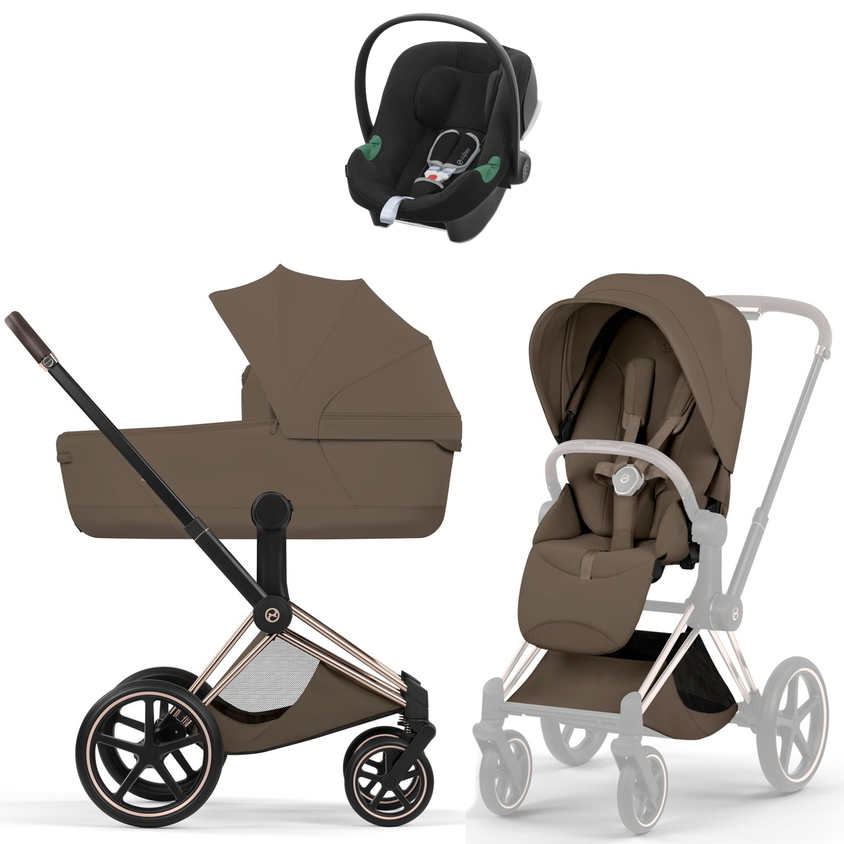 Коляска Cybex Priam V Rosegold Style Aton B2 Volcano Black 3 в 1 Coconut Brown