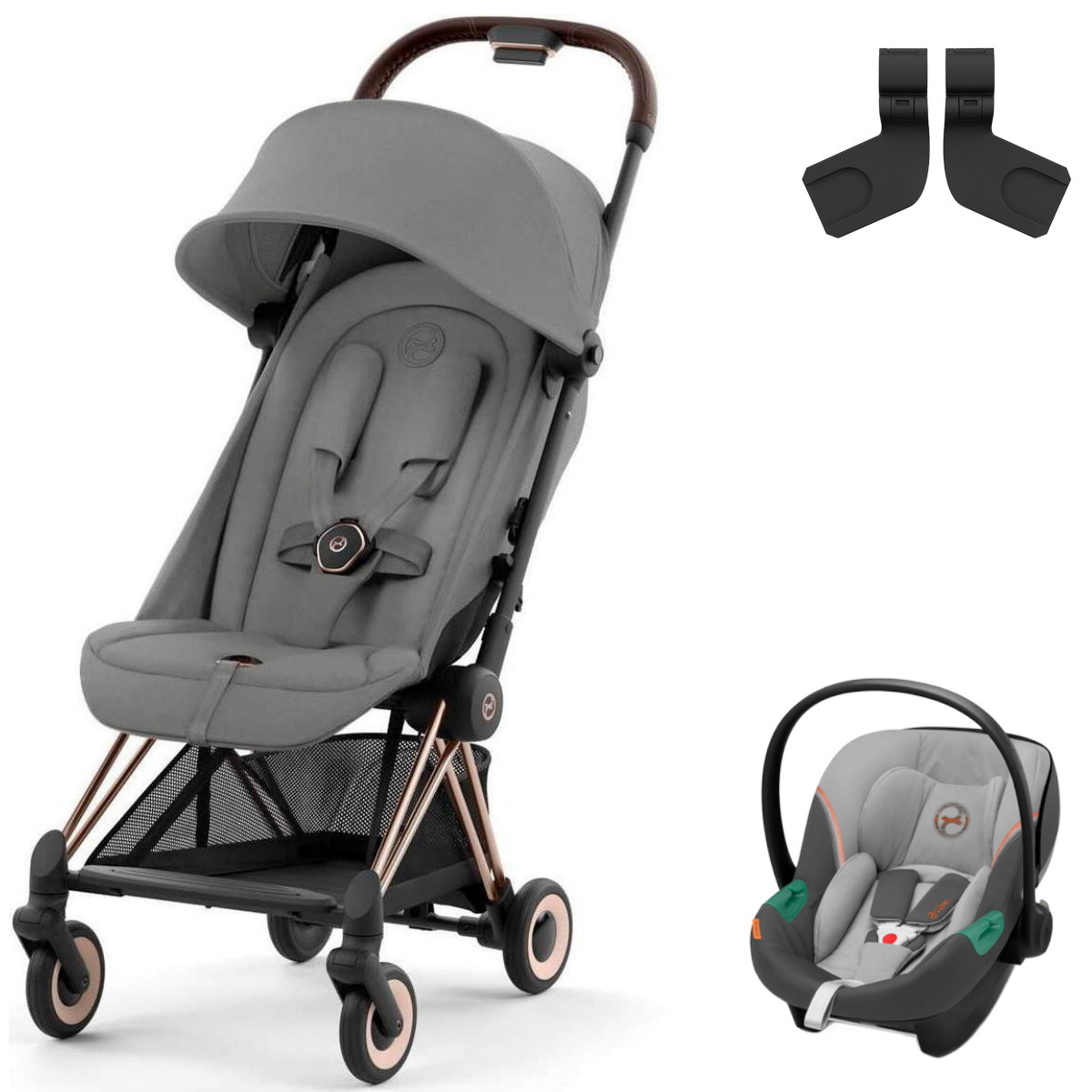 Коляска Cybex Coya Rosegold Frame Aton S2 i-Size Lava Grey Mirage Grey с дождевиком и бампером