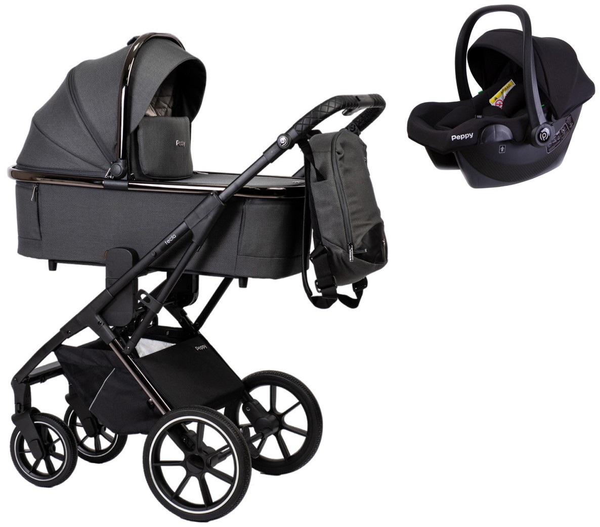 Детская коляска Peppy Tecla 3 в 1 с автокреслом Rise Shadow Antrazit Chrome Edition (Графитовый)
